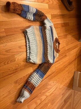 ALTAR’D STATE Cozy Striped Chunky Knit Sweater - Blue, Brown, Cream